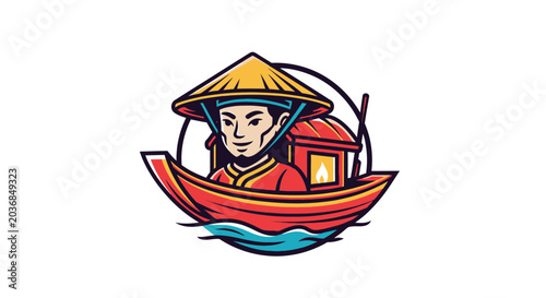 Photos Asian Man in Boat with Traditional Hat and Lantern - Vector Illustration