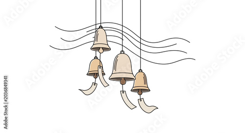 Japanese wind chimes (Furin) with sound waves, minimalist illustration, white background