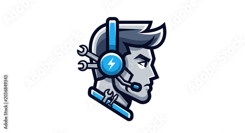 Tech Support Man with Headset and Tools, Modern Mascot Logo