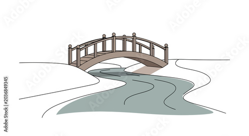 Wooden Arch Bridge Over Winding River Pathway