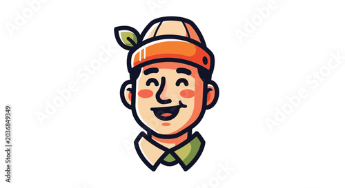 Happy Boy Cartoon Character Wearing Hat with Leaf, Vector Illustration