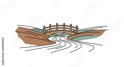Minimalist Bridge Over Winding River Landscape - Line Art Illustration
