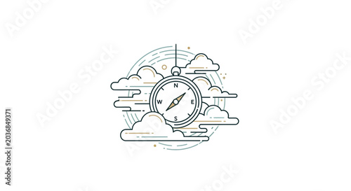 Compass Floating Among Clouds, Navigation Concept, Direction, Travel