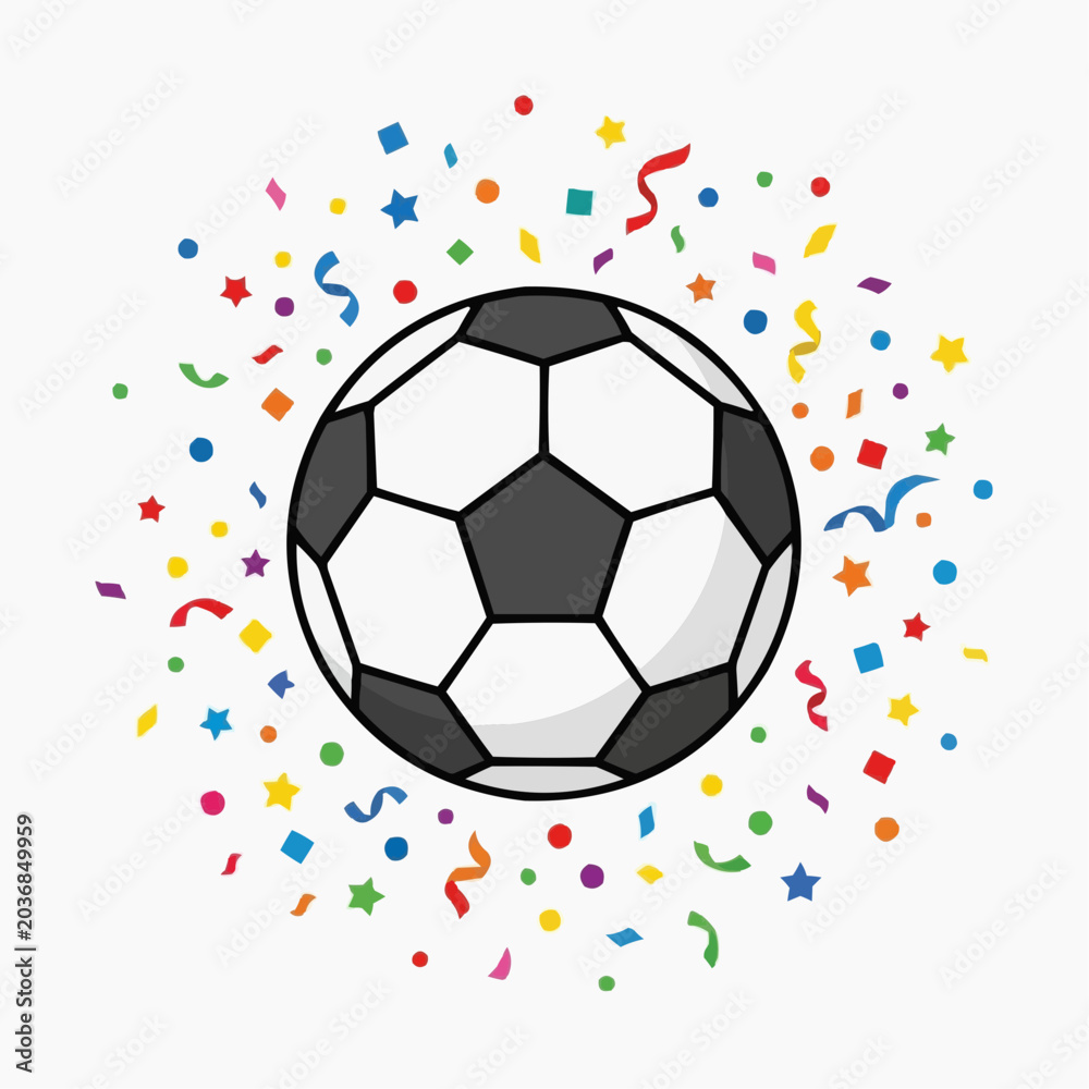Naklejka premium Soccer ball with colorful confetti and streamers celebrating a win or championship event