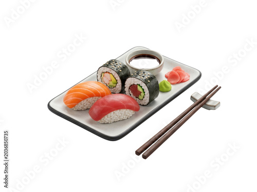 Sushi platter with chopsticks, soy sauce, and wasabi
