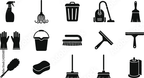 Schilderij op canvas Cleaning Tools and Housekeeping Silhouette Icon Set with Vacuum Cleaner Spray Bo