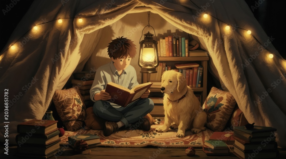 Naklejka premium Boy reads book to golden retriever dog in cozy blanket fort tent. Warm lantern light illuminates shelf with books. Festive string lights create magical atmosphere for childhood imagination.