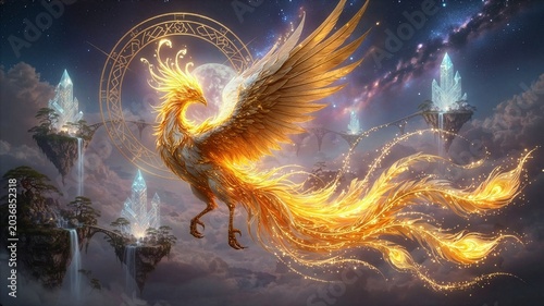 Mystical golden phoenix flying in the starry night sky