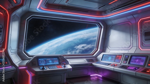 Spaceship control room with Earth view