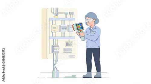 Electrical engineer inspecting circuit board with tablet in modern control room for technology blogs, engineering websites, education materials, and digital design projects