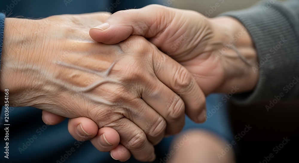 Fototapeta premium Two people shake hands showing support and solidarity in a moment of connection