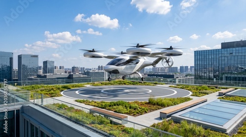 Futuristic eVTOL Flying Taxi Taking Off from Rooftop Vertiport in Modern City, Autonomous Passenger Drone Urban Air Mobility