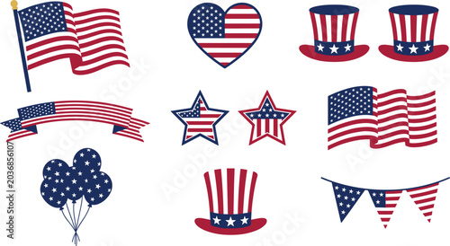 Photos USA Independence Day Element Collection with American Waving Flags Uncle Sam Hat