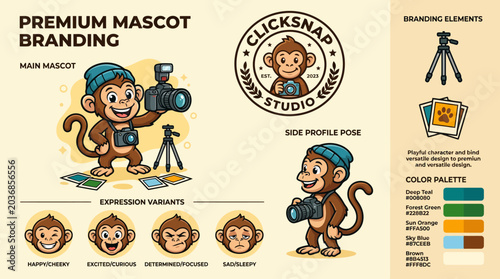 Photography Cartoon Monkey Photographer with Camera Equipment.