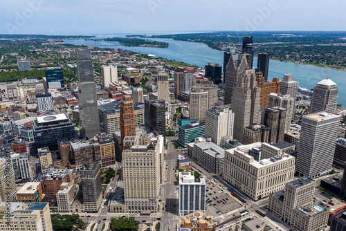 Aerial View of Detroit Skyline and Detroit River Showcasing Michigan’s Historic Motor City and Cultural Heart