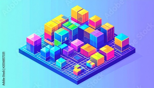 Vibrant Isometric Cityscape of Colorful Geometric Blocks on a Digital Grid
