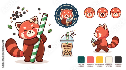 Canvas-taulu Cute red panda holding bubble tea drink.