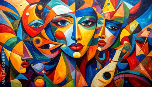 Vibrant Cubist Symphony of Interlocking Geometric Faces