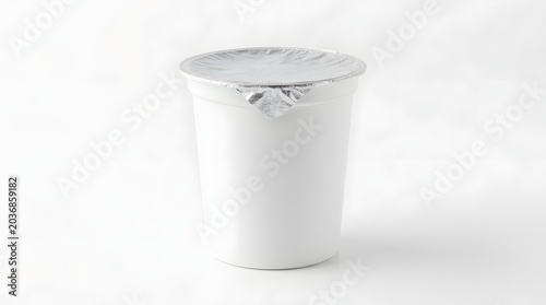 White Plastic Yogurt Cup Mockup with Silver Foil Lid on White Background