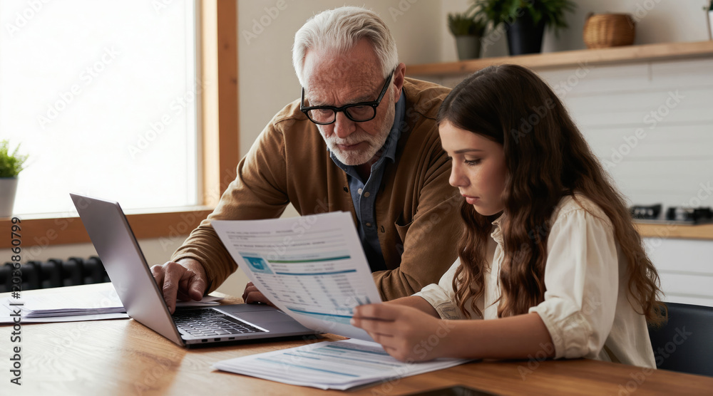 Fototapeta premium Grandfather and granddaughter review papers and laptop. Family finances analyzed together at table. Learning money management indoors, planning financial future. Multi generational help with budgets.