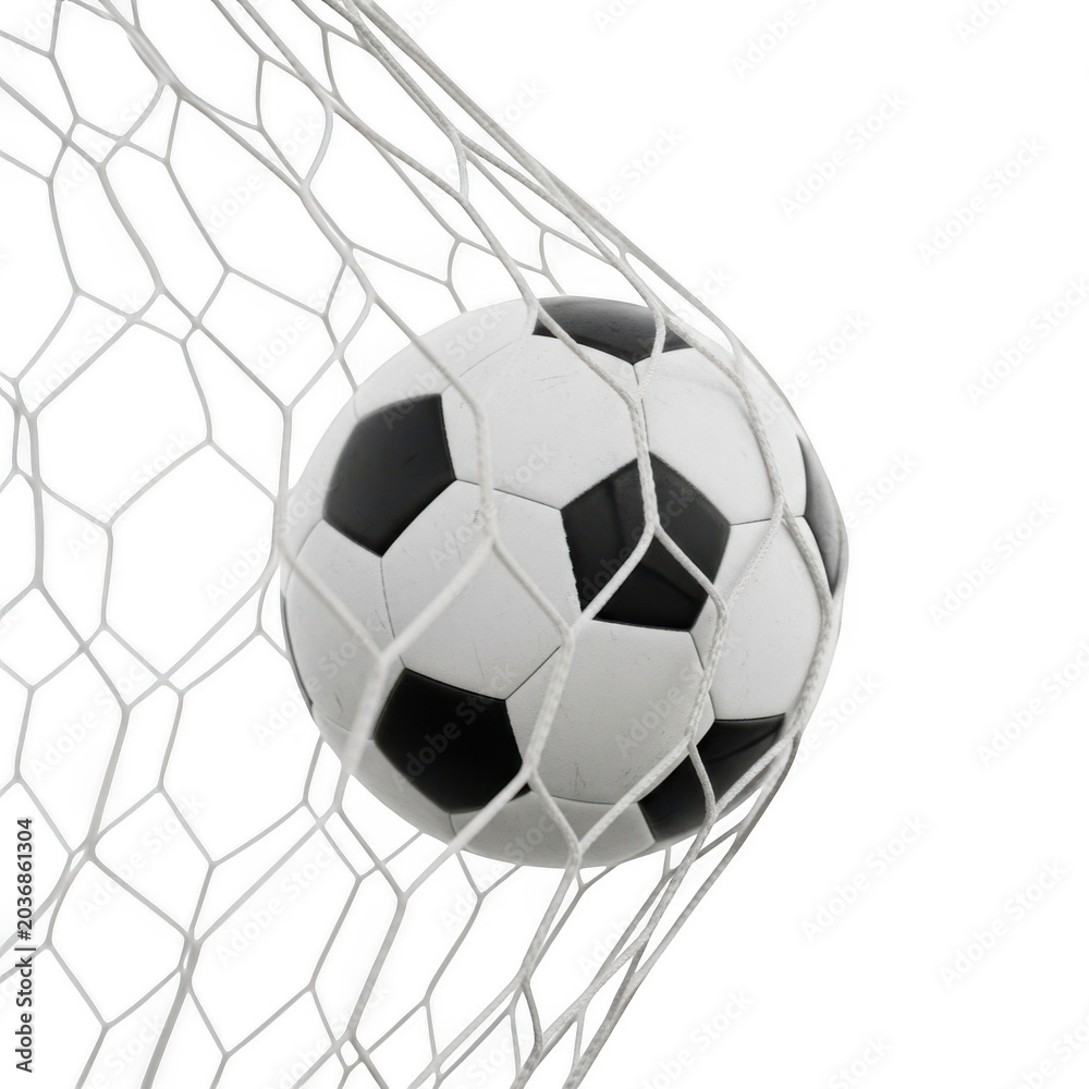 Fototapeta premium Soccer ball in goal net isolated on transparent background