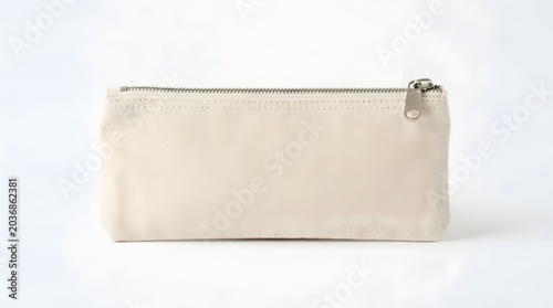 Minimalist Cream Leather Pencil Case or Cosmetic Pouch Isolated on White Background