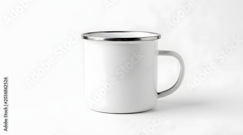 Blank White Enamel Mug Mockup with Silver Rim Isolated on White Background for Branding and Design