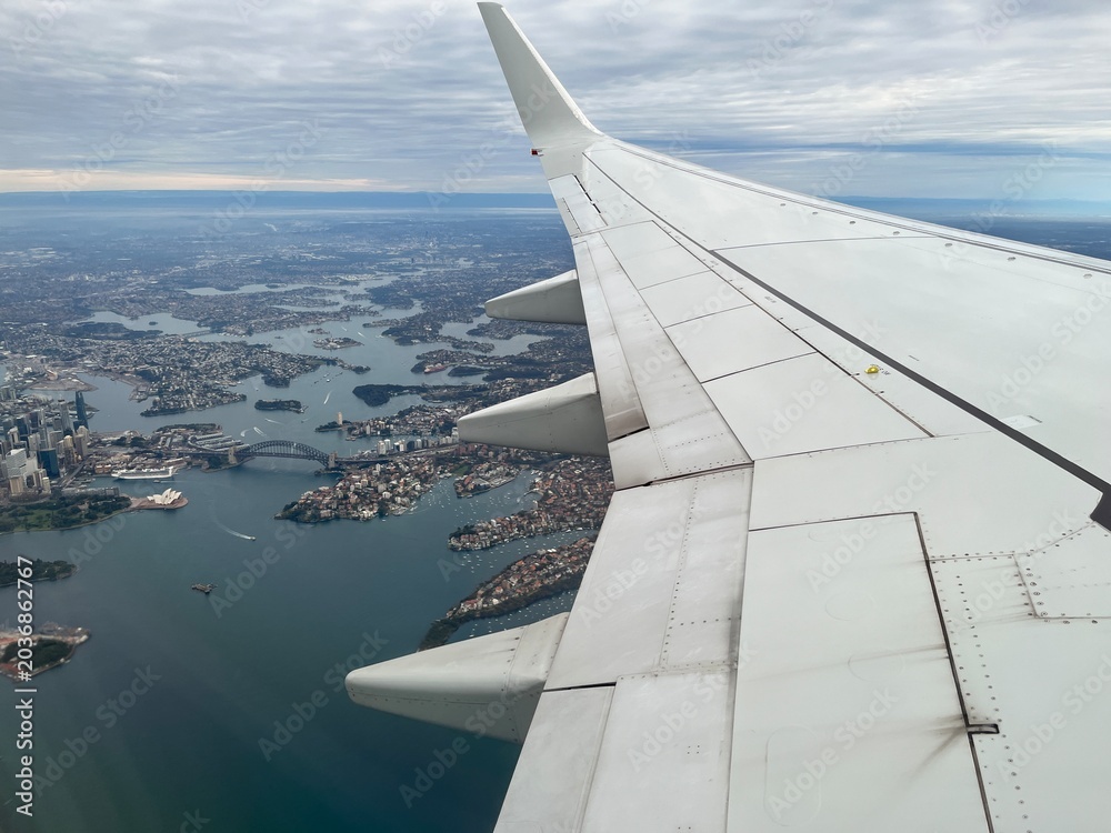 Naklejka premium View from airplane window over Sydney harbor
