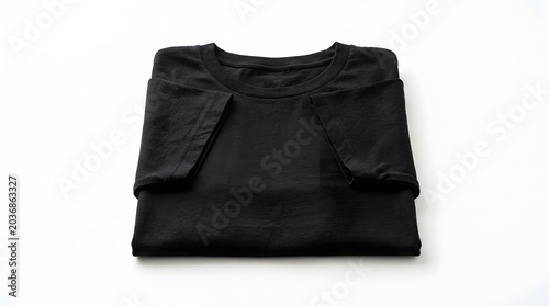 Folded Black T-Shirt Mockup on White Background - Top View Blank Cotton Tee for Apparel Design