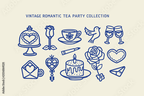 Tableau sur toile Vintage romantic tea party icon set featuring hand drawn illustrations of teacup