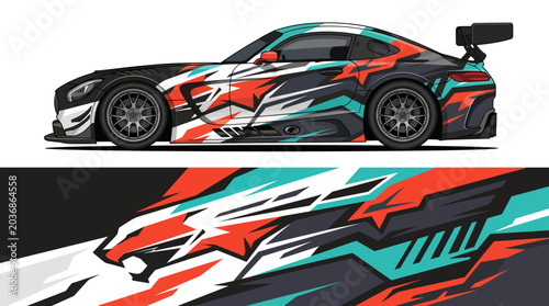 Quadro su tela Colorful racing car with dynamic abstract design.