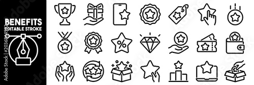 Set of Editable Stroke Outline Icons Related to Exclusive Benefits, Prizes, Incentives and Rewards, Isolated on White Background, Flat Vector Illustration