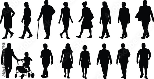 Foto Silhouettes of diverse people walking, standing, and interacting including famil