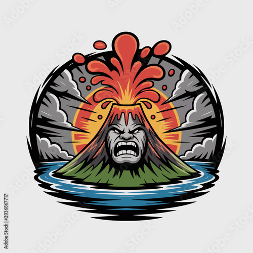 Foto Angry volcano face erupting with lava.