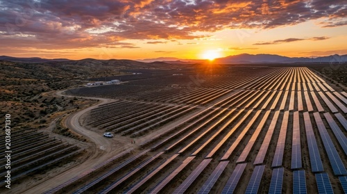 Sunrise Over Rows of Solar Panels in Desert Landscape with Dramatic Sky