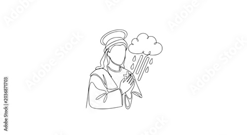 Schilderij op canvas Religious figure praying for rain, continuous line drawing, symbolic imagery