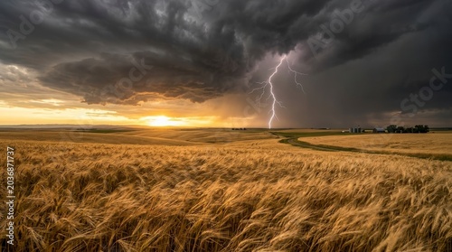 Dramatic Lightning Strike Over Golden Wheat Field at Sunset