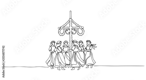Schilderij op canvas Traditional Maypole Dance: People in Folk Costumes Holding Hands in Circle