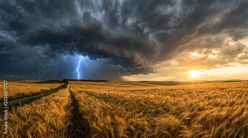 Dramatic Storm Over Golden Wheat Field with Lightning Strike at Sunset