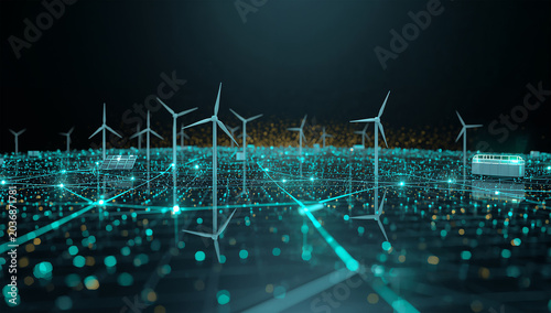 風力と太陽光と蓄電池を光の線で結ぶ再エネ3D背景