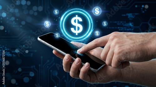 Man's hand using a smartphone with a glowing dollar sign hologram symbolizing online finance and digital currency transactions