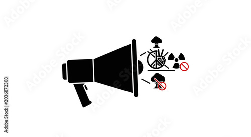Tableau sur toile A black megaphone emits symbols representing explosions, radiation, and a prohibition sign for people