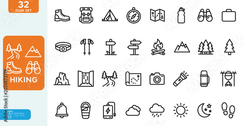 Obraz na plátně Hiking  Vector illustration editable line icon set