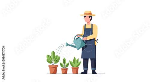 Gardener Watering Plants in Pots, Healthy Growth, Organic Farming