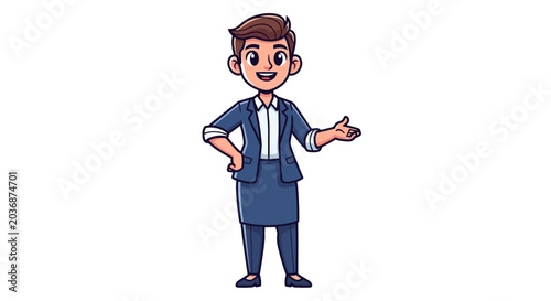 Smiling Businesswoman in Blue Suit Presenting, Cartoon Character