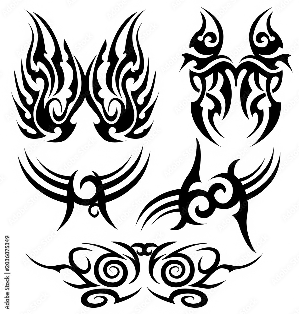 Obraz premium Tribal Butterfly Wing and Symmetrical Swirl Tattoo Elements Set