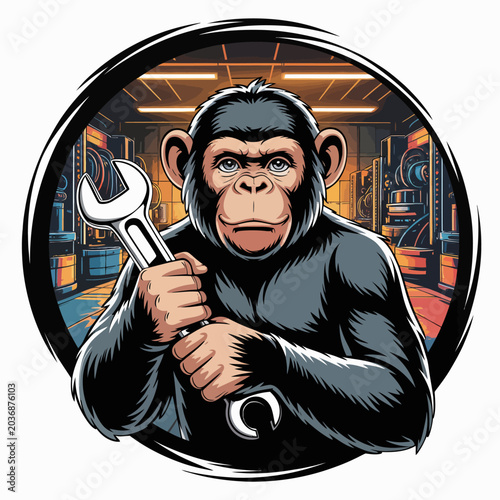 Photography Chimpanzee holding a large wrench tool.