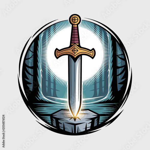Foto Sword with gold hilt shining brightly.