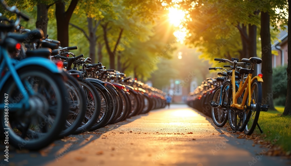 Naklejka premium Many bicycles parked in row along tree-lined path. Sunlight shines through green leaves creating warm, inviting atmosphere. This scene suggests urban commuting and eco friendly transport options.
