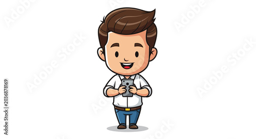 Happy Cartoon Man Holding Smartphone, Texting, Browsing Online, White Background